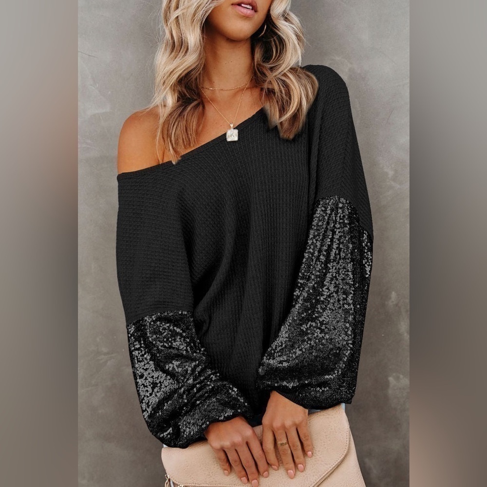 Black Waffle Knit Top w/Sequins Sleeves